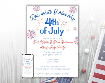 Faire-part du 4 juillet, invitation de fête barbecue rouge blanc bleu, invitation de fête du 4 juillet modifiable, modèle d'invitation numérique barbecue du 4 juillet modifiable