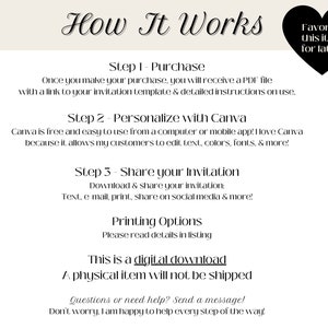 May include: How It Works: A digital download guide for a printable invitation template. The guide explains how to purchase, personalise with Canva, and share the invitation. It also mentions printing options and states that a physical item will not be shipped.