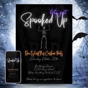 Skeleton Halloween Party Invite, Editable Digital Halloween Party Invitation Template, Costume Party Evite, Instant Download, Printable