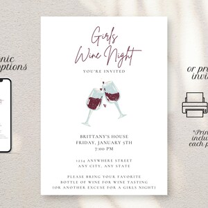 Girls Wine Night invitation template with white background, black font featuring two cheers-ing wine glasses. Minimalist design. Displayed as a printable invitation or invitation sent on a mobile phone.