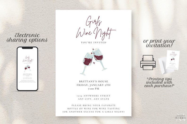 Girls Wine Night invitation template with white background, black font featuring two cheers-ing wine glasses. Minimalist design. Displayed as a printable invitation or invitation sent on a mobile phone.