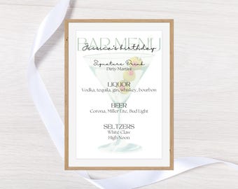 Martini Bar Sign Custom Drink Menu: Martini Birthday Party (Editable Canva Template, Printable Download)