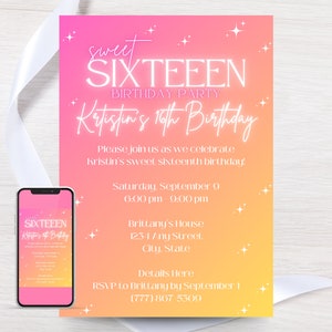 Sweet Sixteen verjaardagsuitnodiging, bewerkbare 16e verjaardagsuitnodiging, sjabloon digitale uitnodiging zestiende verjaardag, roze en oranje