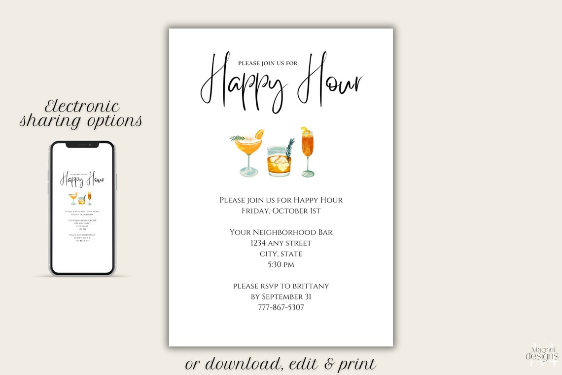 Happy Hour Invitation Template, Work Happy Hour Invite, Editable Happy ...