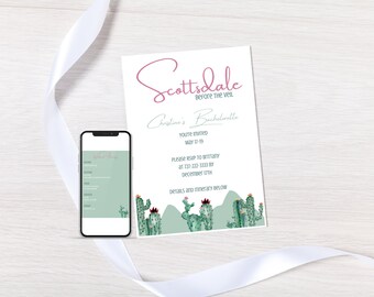 Cactus Scottsdale Bachelorette Party Invitation + Bach Party Itinerary, Succulent Bach Party Invite, Desert, Arizona | Editable, Printable