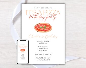 Puede incluir: Una tarjeta de invitación blanca con un gráfico rojo y naranja de una pizza. El texto en la tarjeta dice "Let's Celebrate It's a Pizza Birthday Party" y "Christian's Birthday". La invitación incluye la fecha, la hora, la ubicación y la información de RSVP.