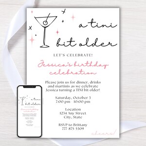 Tini Bit Older Birthday Invitation, Birthday Party Invite for Her, Martini Party Template, Digital Invitation Birthday Evite, Printable
