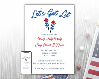 4th of July Party Invite, Let's Get Lit July 4th Invitation Template, Fourth of July Evite, July Fourth BBQ Digital Invite, Instant Download