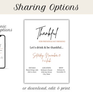 Funny Friendsgiving invitation with title Thankful for friends & day drinking. White background, orange and black font. Minimalist design. Displayed as a printable invitation or electronic invitation sent on a mobile phone.