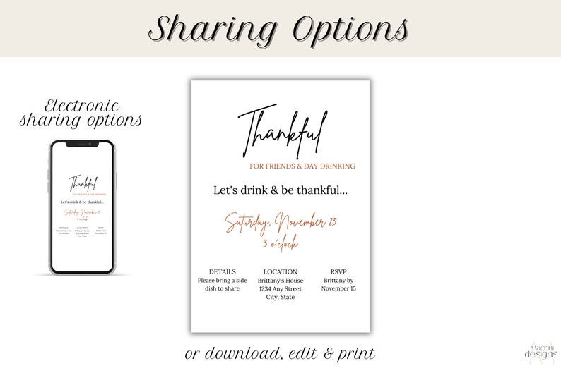 Funny Friendsgiving invitation with title Thankful for friends & day drinking. White background, orange and black font. Minimalist design. Displayed as a printable invitation or electronic invitation sent on a mobile phone.