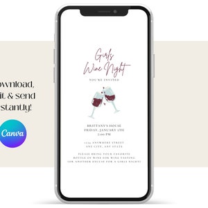 "Girls Wine Night" invitation displayed on a mobile phone. Download, edit with Canva & send this invitation instantly.