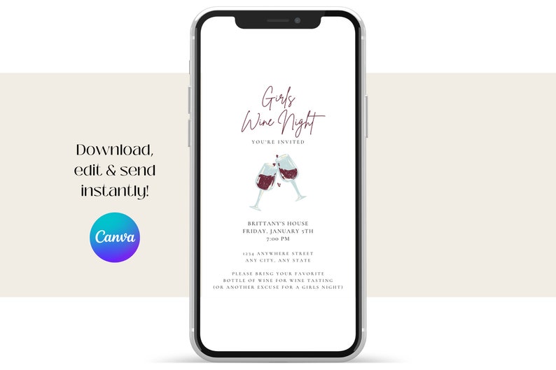 "Girls Wine Night" invitation displayed on a mobile phone. Download, edit with Canva & send this invitation instantly.
