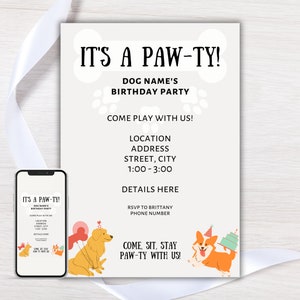 Editable Dog Birthday Party Invitation, Puppy Party Invitation Template, Puppy Birthday Invite, Pawty Evite, Puppy Party Corgi & Lab
