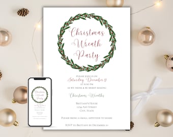 May include: A Christmas wreath party invitation with a green wreath with red berries and the text "Christmas Wreath Party" in red cursive font. The invitation includes the date, time, location, and RSVP information.