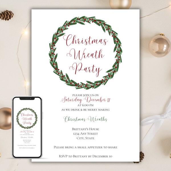 Christmas Wreath Party Invitation, Holiday Wreath Making Invite, Girls Night Holiday Craft Party, Editable Holiday Party Invitation Template