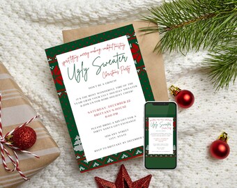 Fun Ugly Sweater Party Invitation, Tacky Christmas Sweater Party Invite, Editable Ugly Holiday Sweater Invite DIY Editable Template Download