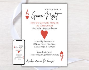 Game Night Invitation, Editable Game Night Invite, Card Game Night Digital Invitation Template, Printable or Evite, Instant Download, DIY
