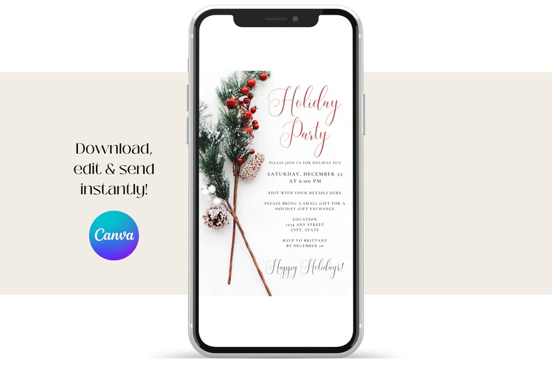 Invitation displayed on a mobile phone. Download, edit with Canva & send this invitation instantly.
