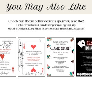 May include: Four printable game night invitations featuring a playing card theme. The invitations include red and black hearts, spades, and diamonds. The text on the invitations reads "Game Night" and includes details about the event, such as the date, time, and location.