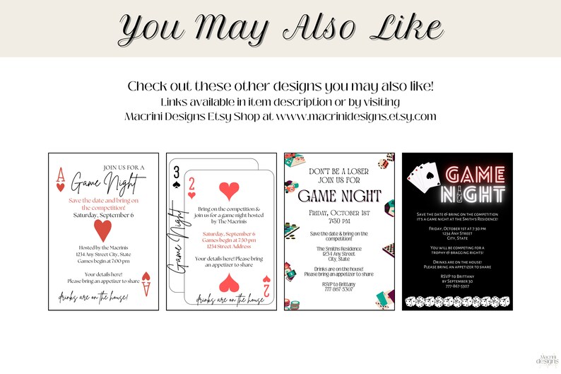 May include: Four printable game night invitations featuring a playing card theme. The invitations include red and black hearts, spades, and diamonds. The text on the invitations reads "Game Night" and includes details about the event, such as the date, time, and location.