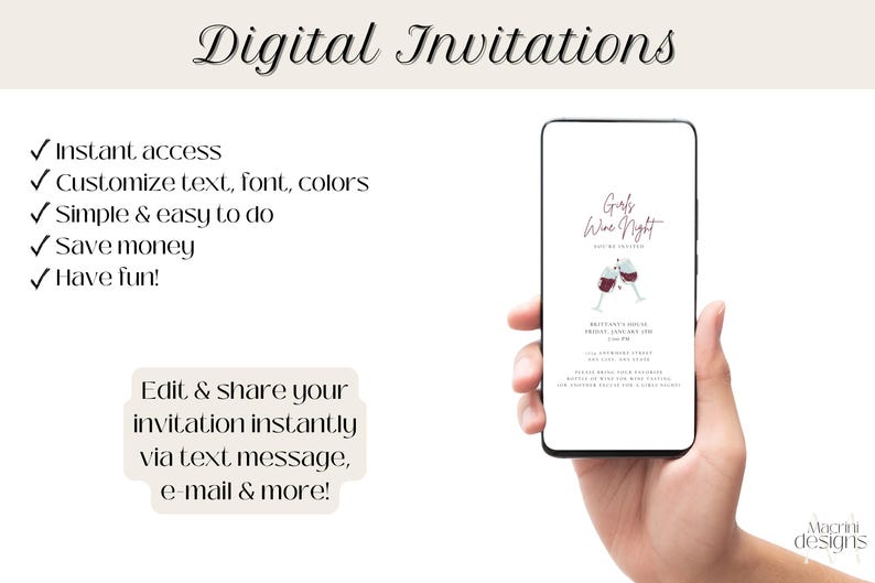 Digital Invitations:
- Instant Access
- Customize text, font, colors
- Simple and easy
- Save money
- Have fun

Edit & share your invitation instantly!