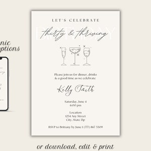 "Thirty and Thriving" birthday invitation with light pink background and black font featuring cocktails. Displayed as a printable invitation or electronic invitation sent on a mobile phone.