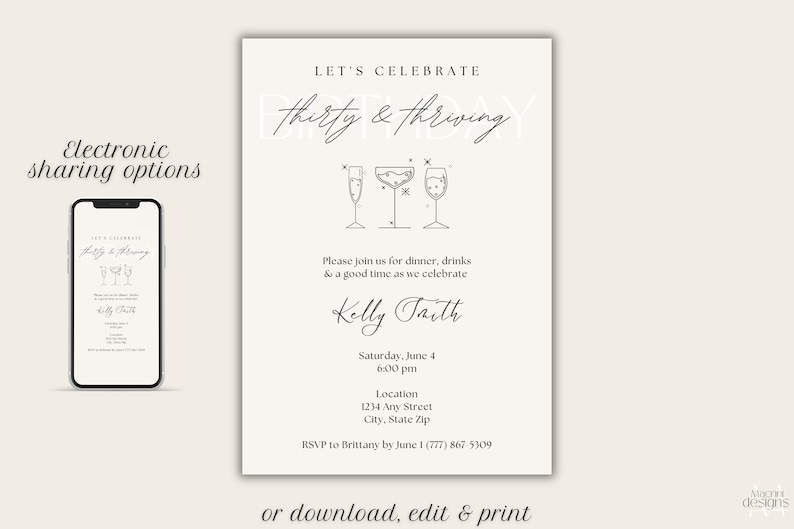 "Thirty and Thriving" birthday invitation with light pink background and black font featuring cocktails. Displayed as a printable invitation or electronic invitation sent on a mobile phone.