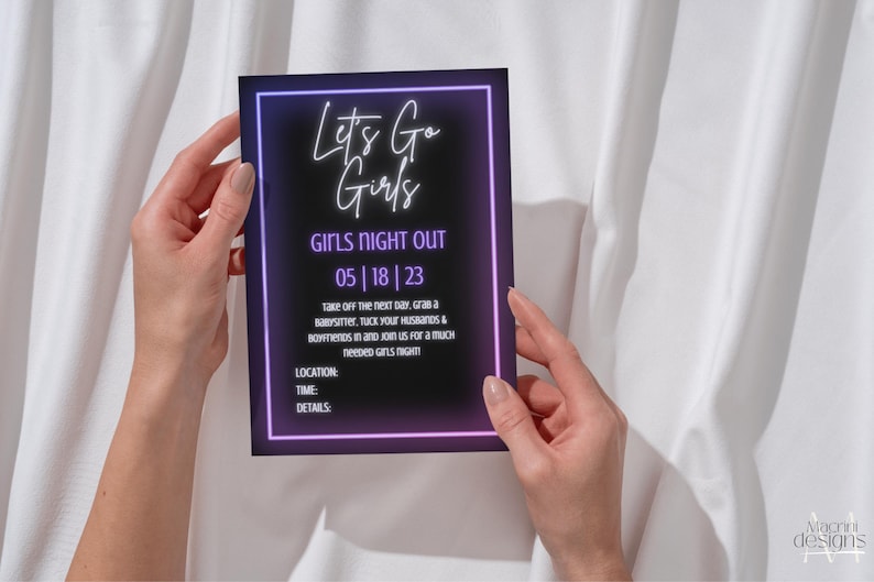 "Let's Go Girls" Girls Night Out invitation template with black background and neon purple & pink accents, white text font. Displayed as a printed invitation.