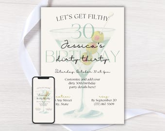 Dirty Thirty Birthday Invitation: Martini Party Invite (Editable Canva Template, Digital Invite or Printable)