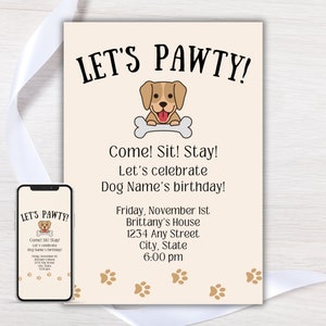 Editable Dog Birthday Party Invitation, Puppy Party Invite, Dog Birthday Invite, Let&#39;s Pawty Dog Theme Birthday, Puppy Pawty, Printable