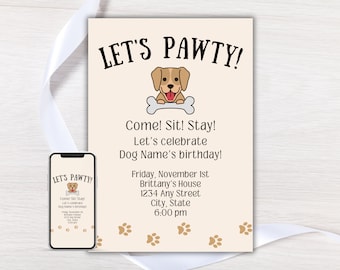 Editable Dog Birthday Party Invitation, Puppy Party Invite, Dog Birthday Invite, Let's Pawty Dog Theme Birthday, Puppy Pawty, Printable