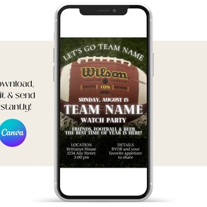 Football watch party invitation displayed on a mobile phone. Download your template, edit with Canva & send instantly.