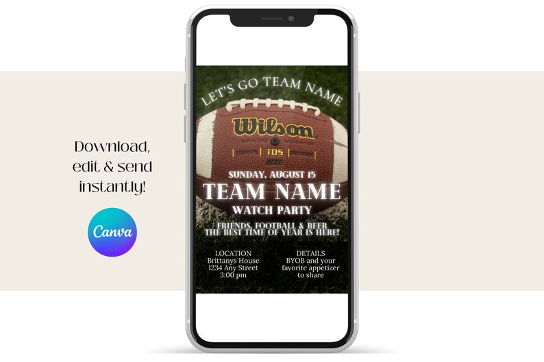 Football watch party invitation displayed on a mobile phone. Download your template, edit with Canva & send instantly.