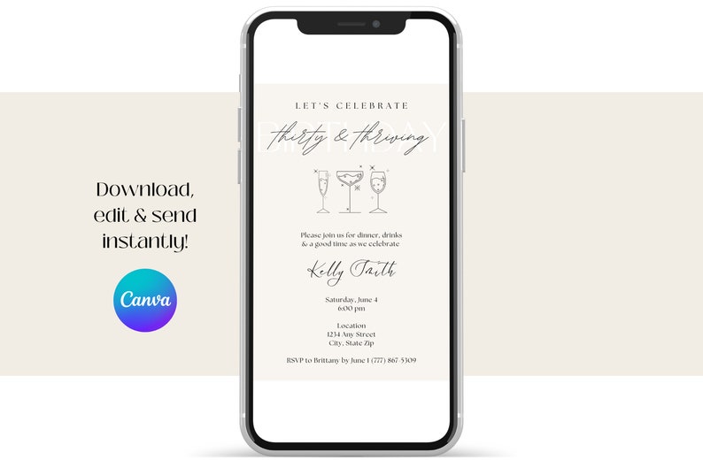 Invitation displayed on a mobile phone. Download, edit with Canva & send this invitation instantly.