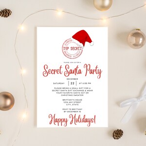 Secret Santa party invitation with white background, black font and red titles featuring Santa hat and "top secret" logo.