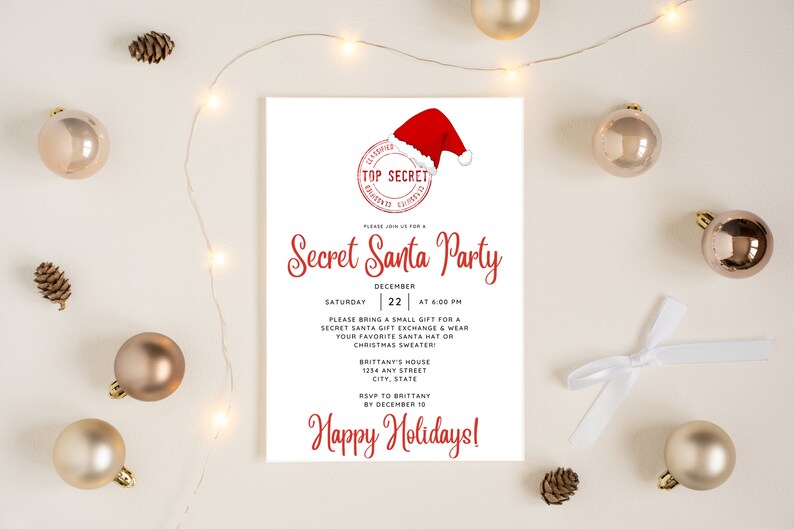 Secret Santa party invitation with white background, black font and red titles featuring Santa hat and "top secret" logo.