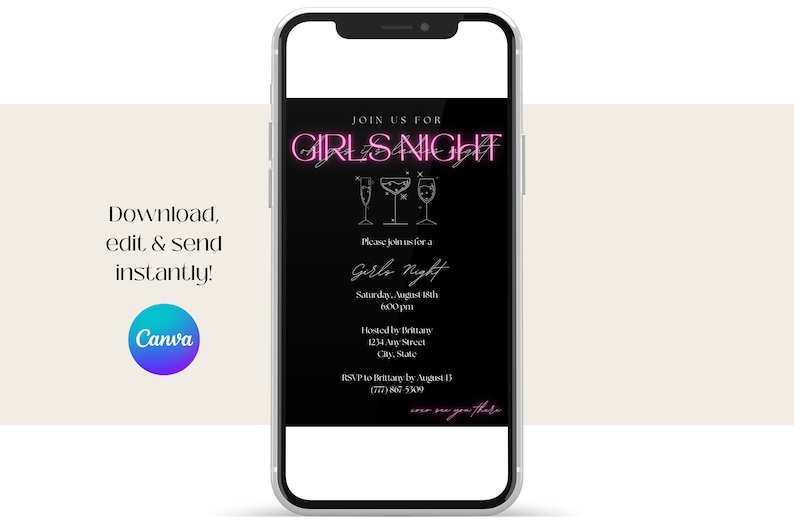 Invitation displayed on a mobile phone. Download, edit with Canva & send this invitation instantly.