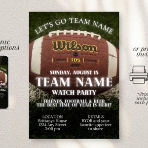 Football Watch Party invitation template with football and football field background and white text. Electronic sharing options or printable.