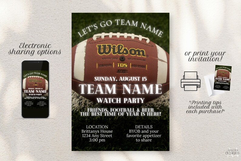 Football Watch Party invitation template with football and football field background and white text. Electronic sharing options or printable.