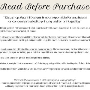 Printing information to read before purchase.