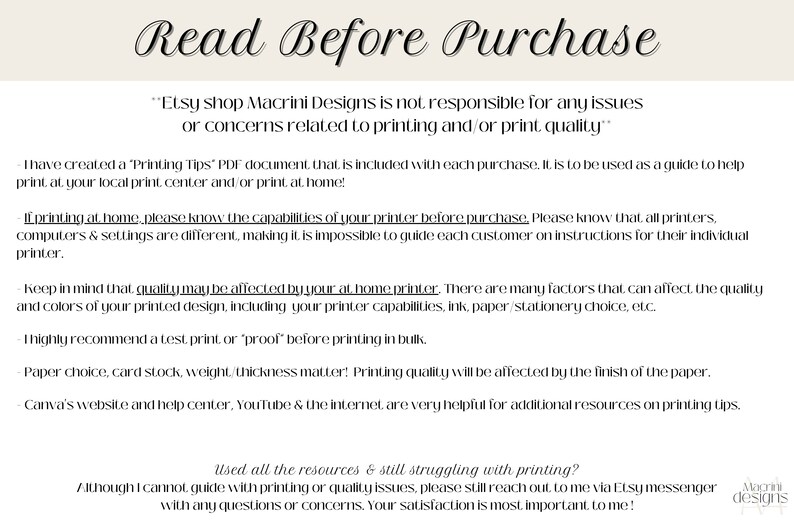 Printing information to read before purchase.
