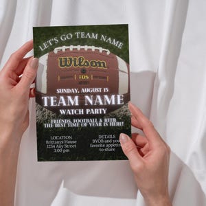 Football Watch Party invitation template with football and football field background and white text. Displayed as a printable invitation available for instant download.