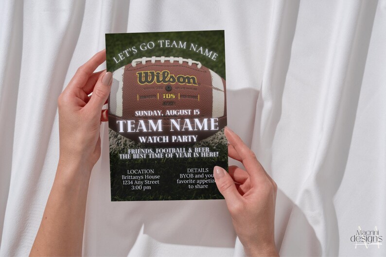 Football Watch Party invitation template with football and football field background and white text. Displayed as a printable invitation available for instant download.