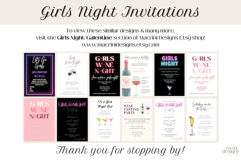 Additional girls night invitations displayed available at Macrini Designs Etsy shop