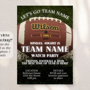 Football Watch Party invitation template with football and football field background and white text. View before you buy link in item description.