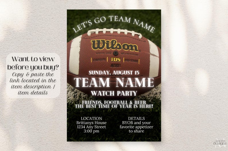 Football Watch Party invitation template with football and football field background and white text. View before you buy link in item description.