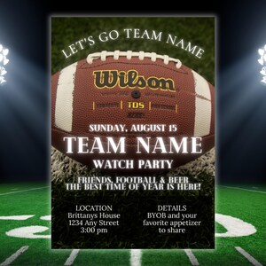 Football Watch Party invitation template with football and football field background and white text. Displayed as a printable invitation available for instant download.