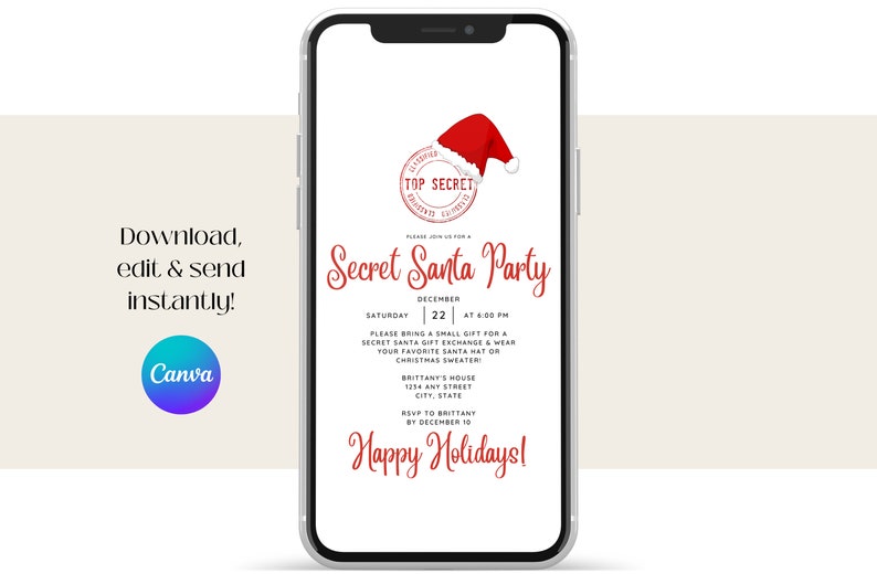 Invitation displayed on a mobile phone. Download, edit with Canva & send this invitation instantly.