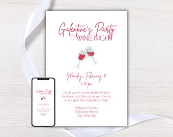 Inbjudan till Galentines dag-fest, Galentines vinkväll, Galentines festinbjudan, Alla hjärtans dag-vinkvällsinbjudan, redigerbar Galentines inbjudan
