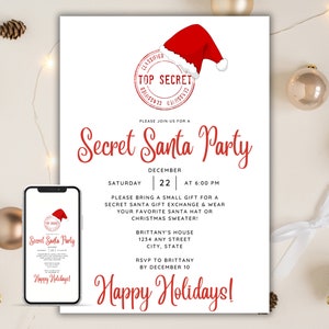 Secret Santa party invitation with white background, black font and red titles featuring Santa hat and "TOP SECRET" logo. Displayed as a printable invitation or electronic invitation sent on a mobile phone.